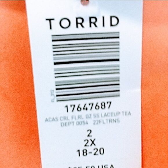 TORRID PLUS SIZE LACE- UP TEA LENGTH CRINKLE GAUZE FLORAL CORAL DRESS. - Picture 16 of 16